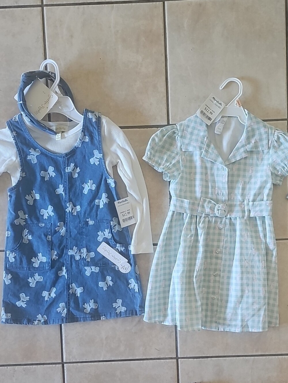 Bundle- Girls' Blue Denim Dress with Bunny Print & Mint Gingham Belted Dress